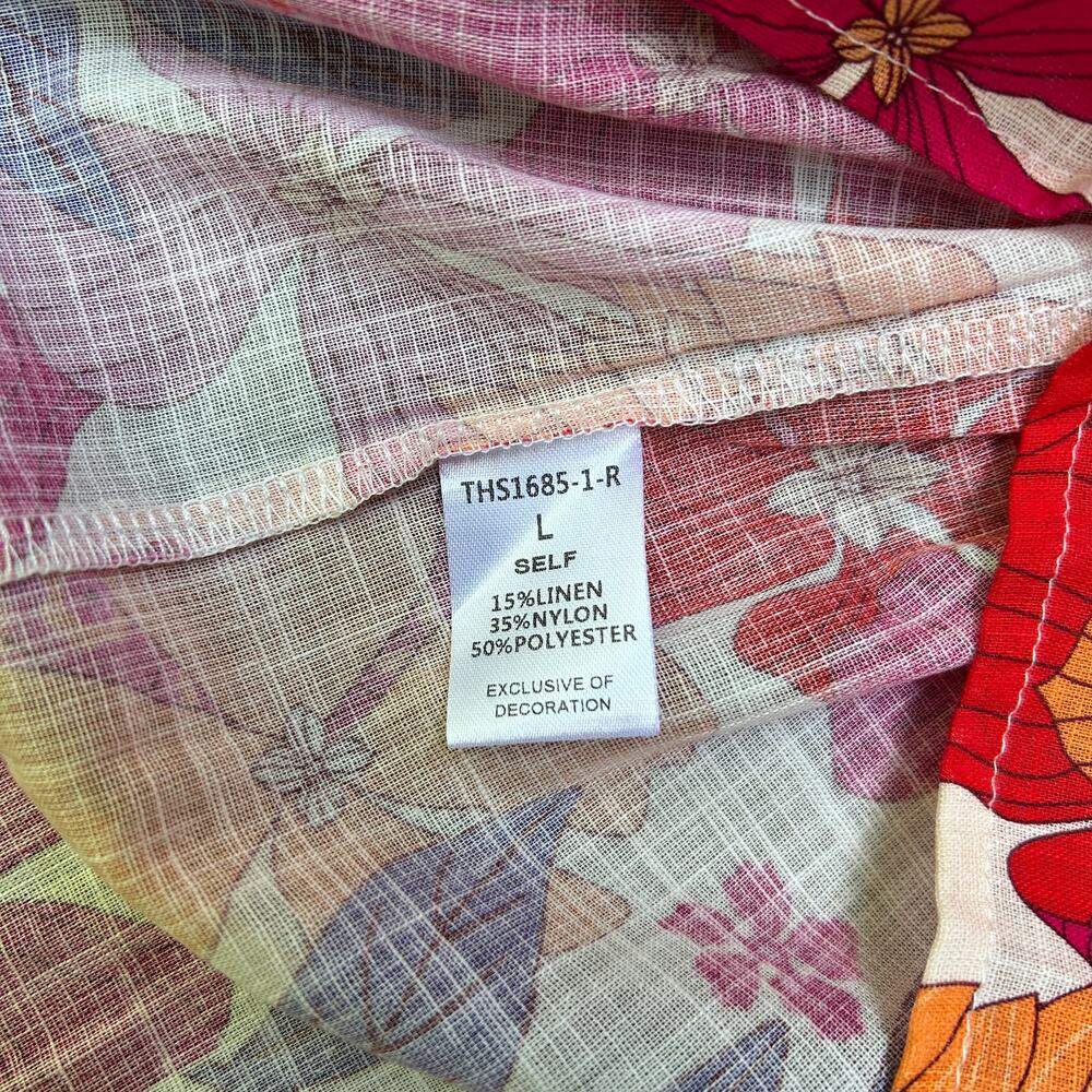 THML Pink Purple Orange Flower Short Sleeve Tunic Blouse Collar Linen Blend Lrg - Picture 7 of 8